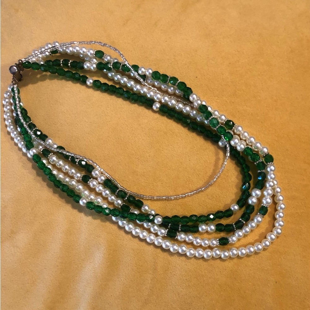 Vintage Style 5 Strand Multi Length Necklace Pearl Green Glass Beads Slide Clasp